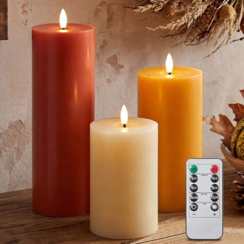 Image of Retisee 3 Pcs Fall 6 /8 /12 Inches Flameless LED Candles with Remote and 2 /4 /8h Timer Yellow Cream Orange Battery Electronic Wax Flickering Candles for Autumn Home Decor, Table Cozy Seasonal Gatherings