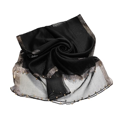 HURESON Lightweight Silk Scarf Elegant Soft Shawls and Wraps for Evening Dresses Black Beaded headscarf glitter Scarves for Women for All Seasons