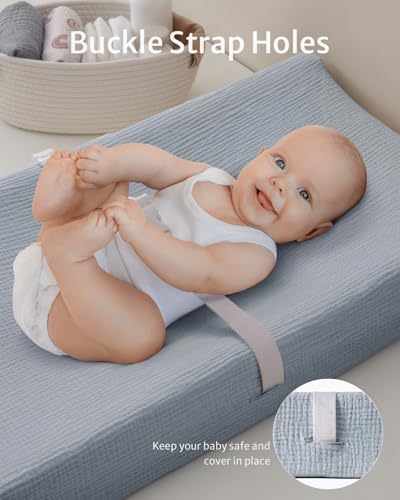 Image of Blissful Diary Muslin Changing Pad Cover for Girls Boys, Ultra Soft Breathable Cotton, Baby Diaper Change Table Pad Covers, 2Pack (Light Blue&Grey)