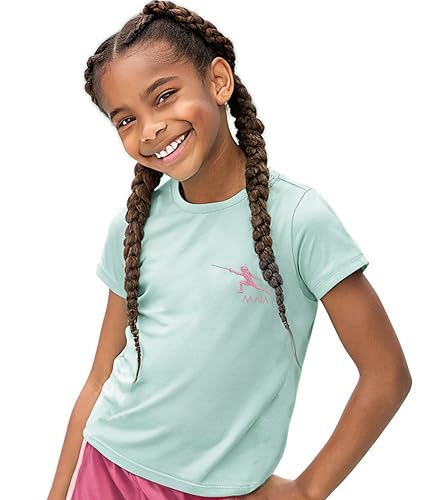 KlothoMAIA Girls’ Fencing Embroidered T-Shirt – Green Tee with Pink Little Fencer Stitching