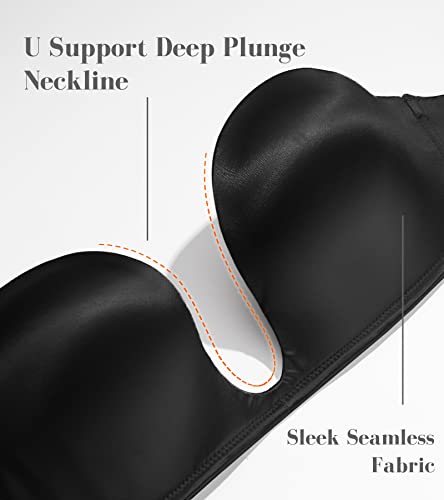 HACI Women's Plunge Deep U Strapless Bra Push Up Demi Seamless Underwire(Black,32B) - Image 2