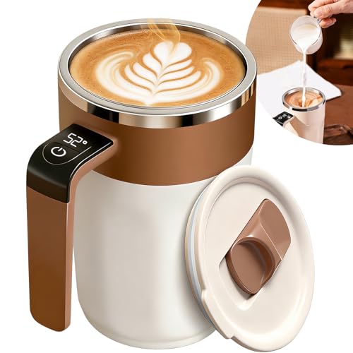 Image of Electric Coffee Mug with a Built-In LCD Thermometer, Perfect for Brewing Coffee, Milk, Cocoa, Etc. 13oz Rechargeable Portable Automatic Self Stirring Coffee Mug, For Coffee Lovers & Office Use (Brown)
