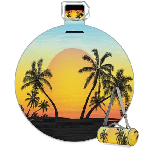 Shimoshe Summer Palm Tree Picnic Outdoor Blanket Foldable Waterproof Sandproof Beach Blanket Portable Water-Resistant Round Picnic Mat for Travel Camping Park Lawn