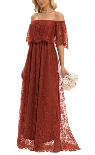 Image of HOYISHION Women's Off The Shoulder Floral Lace Maxi Dress White Bridesmaid Wedding Party Maternity Photoshoot Long Dresses