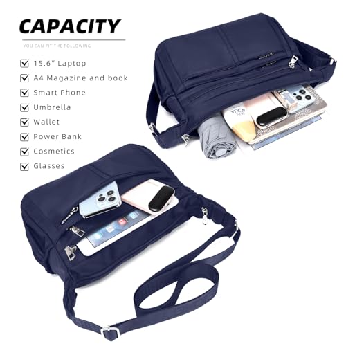 Women Shoulder Bag Multi-Pockets Handbag Water-Resistant Nylon Crossbody Bags Large Purses Lightweight Messenger Bag Sapphire Blue4