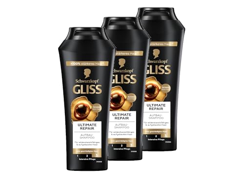 Gliss Champú Ultimate Repair (3 x 250 ml), champú para el cabello con queratina líquida y extracto de perlas, champú de queratina para cabellos severamente dañados y secos