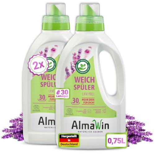 AlmaWin® Weichspüler Lavendel [2x 750 ml – 60 Ladungen], flüssig, vegan | Flüssiger Weichspüler für kuschelweiche Wäsche, Lavendelduft, mit allen...