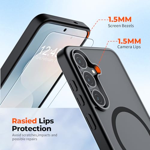 Image of SUPFINE Magnetic for Samsung Galaxy S25 FE Case with Screen Protector, (Built-in Magnets) (Military Grade Drop Protection) Slim Translucent Shockproof Phone Case,Black