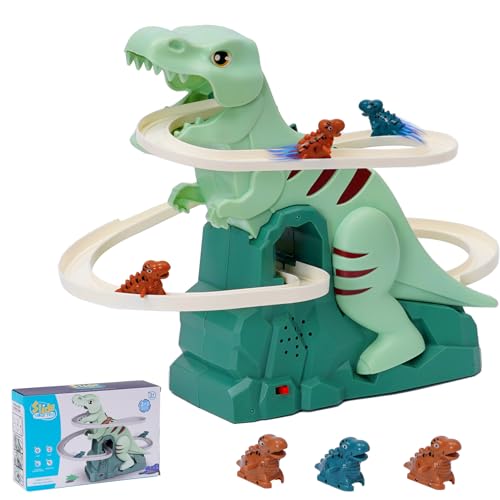 Dinosaur Chasing Race Track Game Set Slide Climb Stairs Toy Roller Coaster Toy with Music Educational Puzzle Playsets Gift for Toddler Kids Boys Girls Age 3 4 5 6 7 8