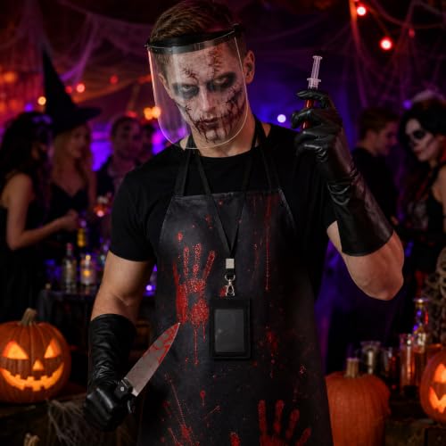 cosmisun 7Pcs Halloween Butcher Costume Men Scary Cosplay Party Accessories | Waterproof Apron, Face Shield, Black Gloves, Fake Knife, Fake Syringe Pen, ID Badge Holder, Horror Costumes Dress Up Outfit - image 6