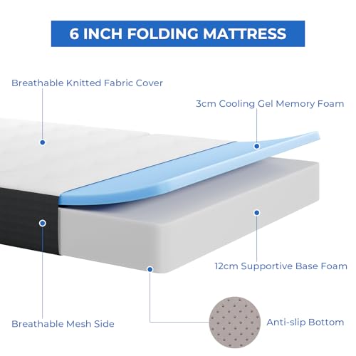 Vesgantti Folding Mattress Single Size, 15CM Gel Memory Foam Foldable Mattress Tri-fold for Travel, Camping, Guest Bed - 100-Night Trial, CertiPUR-US Certified Vesgantti Folding Mattress Single Size, 15CM Gel Memory Foam Foldable Mattress Tri-fold for Travel, Camping, Guest Bed - 100-Night Trial, CertiPUR-US Certified