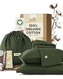 Bedsure 100% GOTS Organic Cotton Sheets, Fair Trade Certified Queen Bedding Set, Eco-Friendly, Soft, 17 inches Deep Pocket Queen Sheet, Sateen Weave Cotton Luxurious Hotel Bed Set, Olive Green