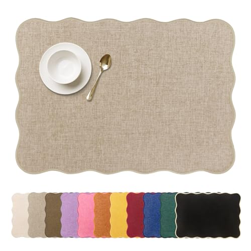 AHHFSMEI Faux Linen Placemats Set of 6 Scalloped Washable Heat Resistant Non-Slip Stain Proof Table Mats for Kitchen Dining Elegant Decor Place Mats (Linen Beige)
