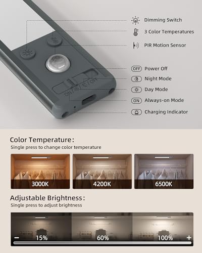 Image of EZVALO 14.5 inch Under Cabinet Lighting, 3200mAh Rechargeable Motion Sensor Lights Indoor 3 Color Temps, Magnetic Stick On LED Closet Lights Wireless, Dimmable Under Counter Lights for Kitchen- 2 Pack
