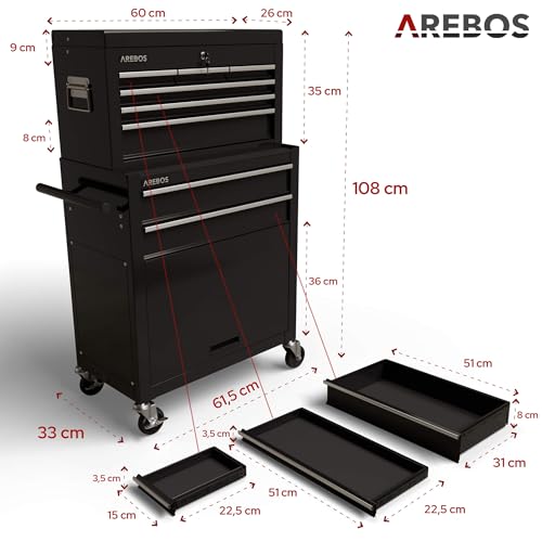 Arebos Werkstattwagen 9 Fächer/zentral abschließbar/Anti-Rutschbeschichtung/Räder mit Festellbremse/Massives Metall/rot oder schwarz (Schwarz) - 3