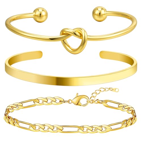 Howoo Gold Bangle Bracelets for Women 18K Plated Gold Cuff Bracelet Cuban Figaro Link Chain Knot Beaded Jewelry Sets