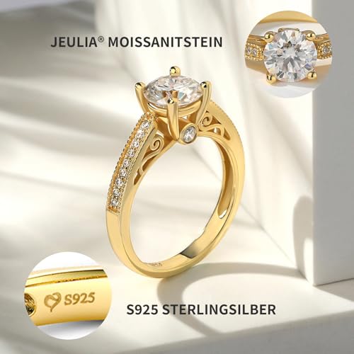 Jeulia Classic Moissanite Engagement Ring for Women; D Color Round Cut 925 Sterling Silver Wedding Ring Yellow Gold CZ Anniversary Promise Rings for Her with Jewelry Gift Box2