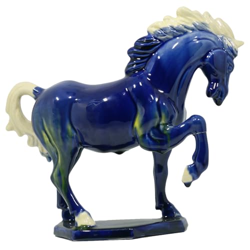 Ceramic Horse Sculpture -8 inch Hand Made Tri-Color Cultural Art Piece,Museum Collection Inspired Home and Office Decor (Blue)