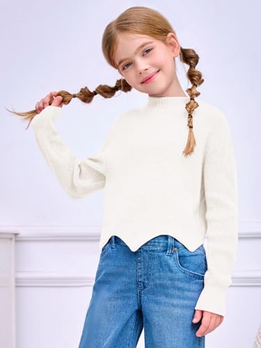 Image of Haloumoning Girls Mock Neck Sweaters Kids Fall Fashion Long Batwing Sleeve Rib Knit Pullover Clothes 5-14 Years White