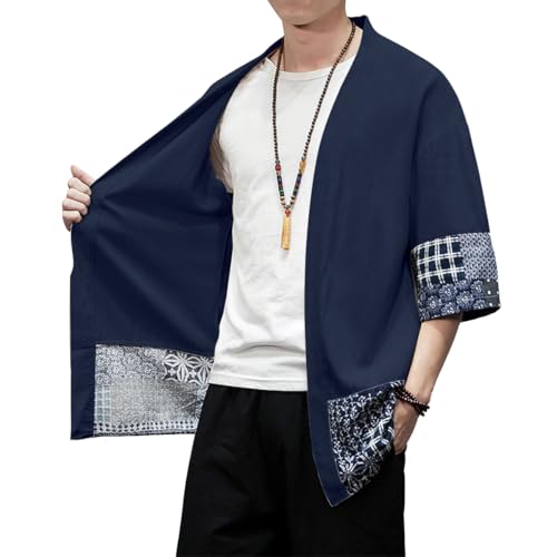 Image of PRIJOUHE Men's Kimono Jackets Cardigan Lightweight Casual Cotton Blends Linen Seven Sleeves Open Front Coat Outwear