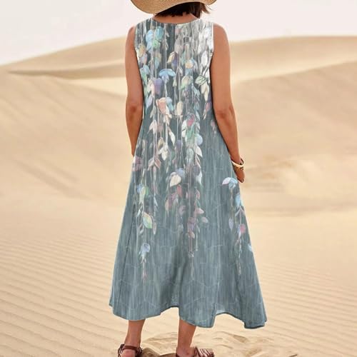 OIOLOYJM Linen Dresses for Women 2024 Casual Cotton Linen Dress Sleeveless Flowy Maxi Dress Summer Beach Tank Dress Loose Fit Crew Neck Dress Plus Size Pocket Sundresses, Medium, 40-gray