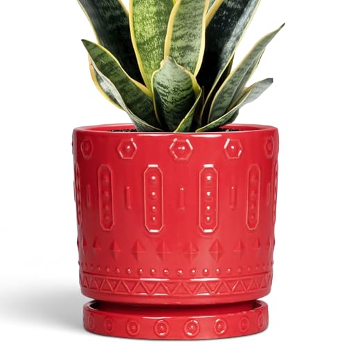 Eightpot 6 Inch Plant Pot Ceramic Flower Pots for Indoor Outdoor Plants Round Pots for Plants with Drainage Hole and Tray Boho Decorative Planter Kitchen Decor Gardening Gifts for Women Red