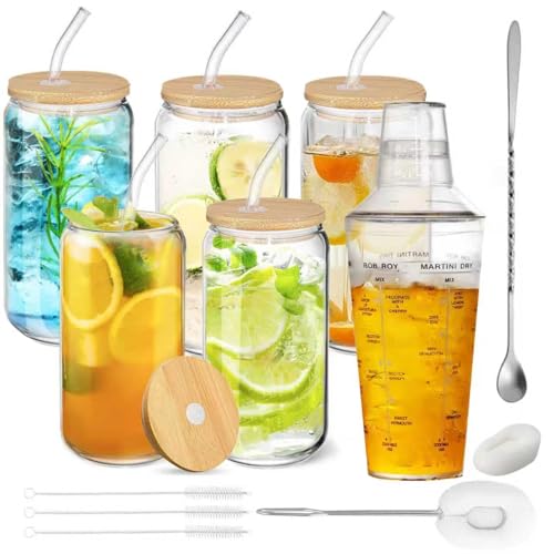 Cafultgo Taza de vidrio de 16 onzas, Set de 5 vasos de vidrio de 530ml con tapas, pajitas, cuchara y agitador. Ideal para bares, cafeterías y hogar.