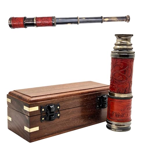 Nautical Pirate Brass Telescope 15-Inch – Collapsible Monocular with Wooden Box Vintage Telescope for Hiking Camping Outdoor Adventures Navigation Collectible Maritime Exploration Travel Gear