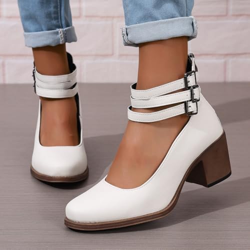 Womens Chunky Heel Strappy Pumps Chunky Low Block Heels Close Round Toe Dress Shoes with Ankle Strap Dress Party Shoes3