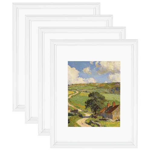 Image of eletecpro 11x14 White Picture Frames Set of 4, Vintage Photo Frames with Clear Acrylic Cover, Gallery Wall Art Display 8x10 Photo with Mat or 11x14 without Mat for Tabletop and Wall Mount, Home Decor