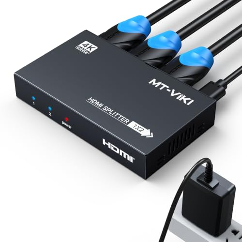 Image of MT-VIKI 1x2 2.0 HDMI Splitter 1 in 2 Out, 4K@60Hz HDMI Duplicator /Distributor HDR Support EDID HDCP 2.2 RGB 4:4:4 18Gbps-Adapter Included (2 Ports)