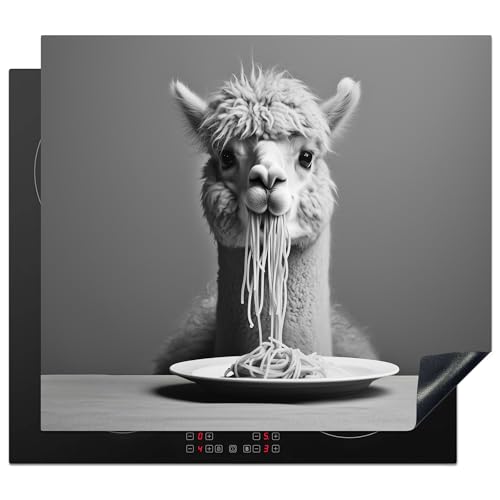 KitchenYeah© Cubre Vitrocerámica - Protector Vitroceramica Induccion 59x52 cm - Tapa Vitroceramica - Protector de Vitroceramica Alpaca - Pasta - Negro - Blanco - Lindo - Animal