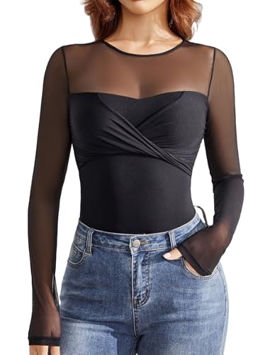 Avidlove - Avidlove Black Bodysuit Women Long Sleeve Leotard shapewear Sexy Mesh Top Double Lined Thong Body Suit Black L