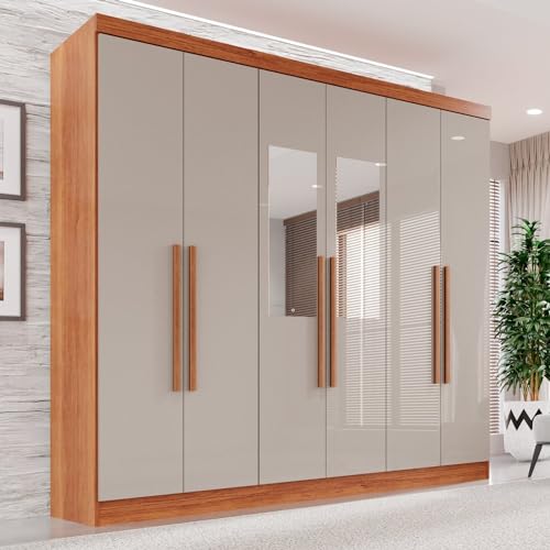 Guarda-roupa Casal com Espelho 6 Portas 2 Gavetas França Cinamomo/Off-White