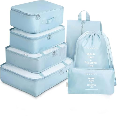 Image of AVENUX Packing Cubes Travel Organiser Set, Blue, Polyester, with Shoe Bag, Drawstring Bag and Zippered Bag, 7 Piece