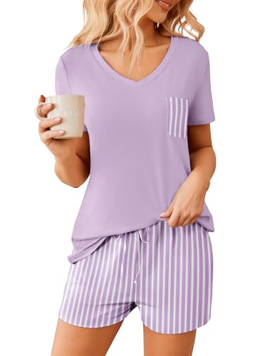 Image of Ekouaer Womens Pajama Sets Short Sleeve Pajamas for Women Sets Soft Lounge Sets Casual V Neck Sleepwear PJS