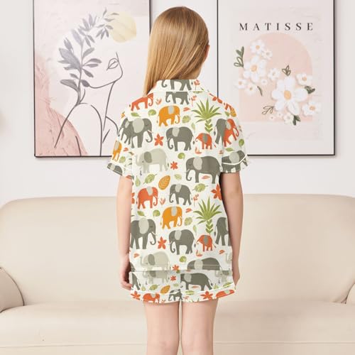 Cartoon Colored Cute Elephants Summer Satin Pajama Set, Cute Button-Down Sleepwear Pj Set for Sleep Wears4