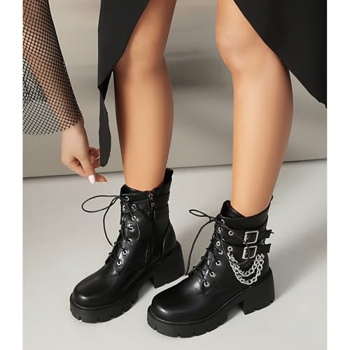 Image of MEOTINA Goth Platform Boots Combat Boots Chunky Heel Ankle Booties for Women Punk Buckle Gothic Boot with Zipper Lace Up Dress Shoes Black /White