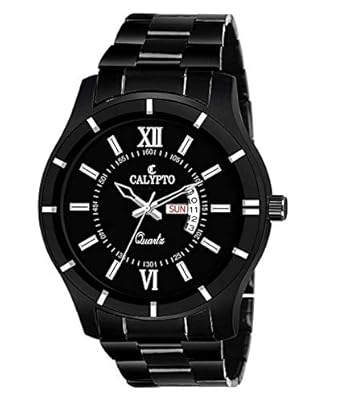 CALYPTO Stainless Steel Black Chain & Black Dial Date & Day Feature Wrist Analog Watch for Boys, Men