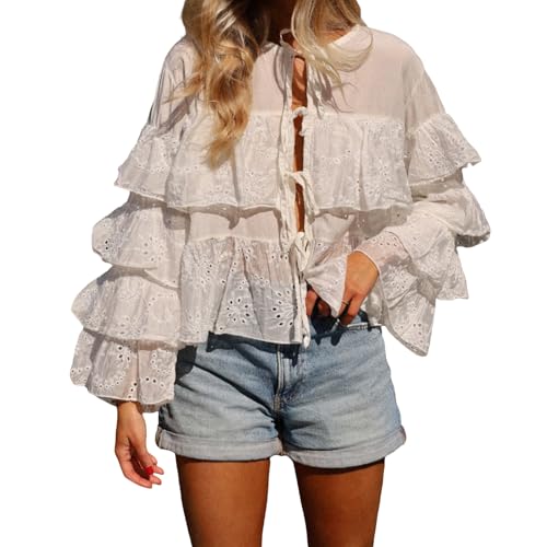 Women Chiffon Blouse Top Ruffle Trim Tie Front Shirt Long Sleeve Flowy Cardigan Lace Frilly Going Out top