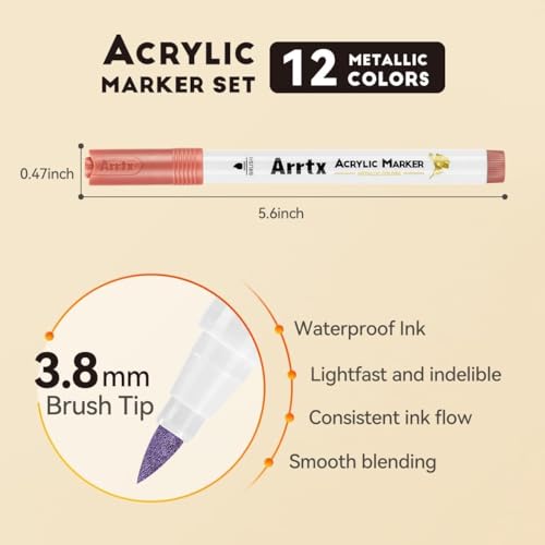 Image of Arrtx 12 Colors Metallic Acrylic Paint Markers for Rock Painting, Extra Fine Tip for Rock Painting, Ceramic, Glass, Canvas, Cup, Wood, Easter Egg, Waterproof Paint,
