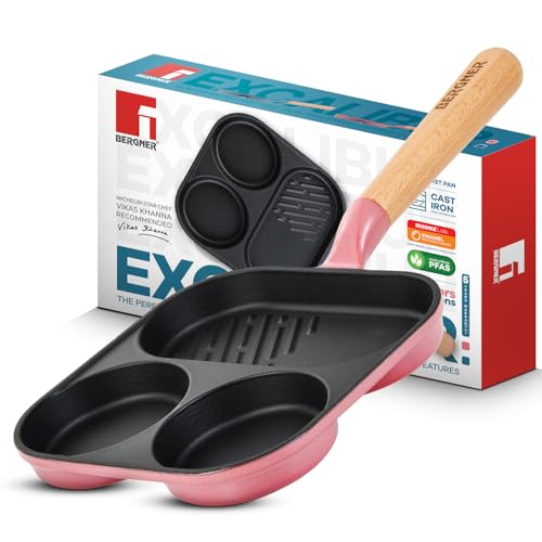 Image of BERGNER Excalibur Lightweight Cast Iron 18cm Breakfast Pan, Sturdy Wooden Handle, Non-Stick Coating, PFAS Free, Perfect Heat Distribution, Elegant Design - Induction Compatible (Pink)