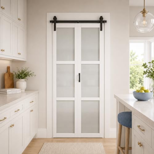 White 3 Lite Frosted Glass Bifold Barn Door, 36"×84" | Paintable Frosted Glass Bifold Sliding Barn Door with Hardware Kit Included, Water-Resistant Primed White Finish, pantry miniatura 2