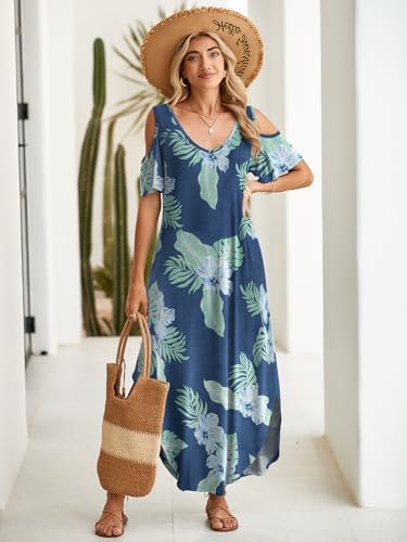Image of BELAROI Womens Cold Shoulder Maxi Dress Plus Size V Neck Summer Sundresses with Pockets Beach Coverup Vacation Outfits