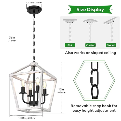 Image of Farmhouse Lantern Chandelier 4-Light, Industrial Brushed White Oak Ceiling Light Fixture with Open Cage and Adjustable Hanging Height, E12 Base for Kitchen Island, Dining Room, Entryway, Foyer