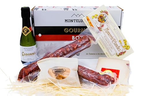 MONTE LUEÑO Cesta Navidad Regalo - Surtido de embutidos naturales con Salchichón, Chorizo, Queso, Turrón, Cava, Picos. Regalo ideal para empresas, familia o amigos