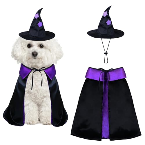 PAYHTOW Dog Halloween Costumes Dog Witch Costume Funny Pet Witch Cloak Cape Wizard Hat Holiday Outfit Clothes Halloween Costumes for Small Medium Large Dogs Pets (Small)