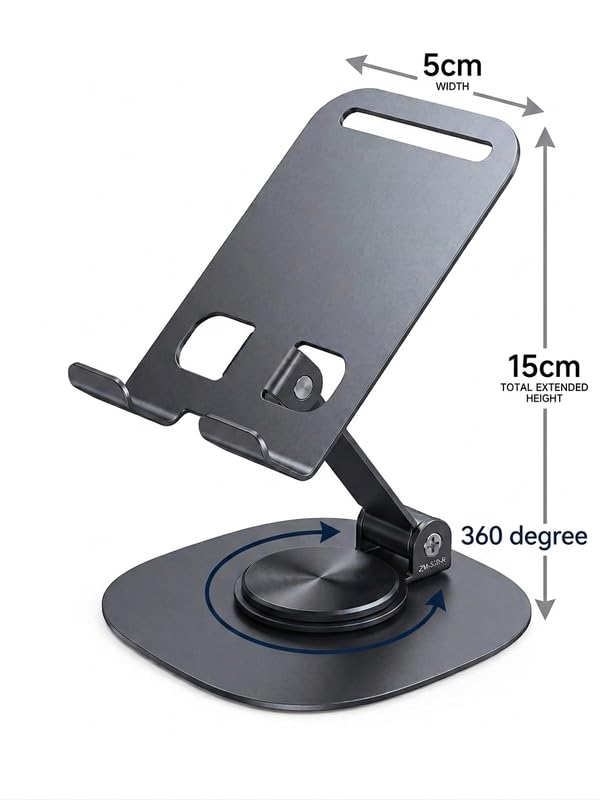 Image of Metal Mobile Stand for Smartphones with 360 Degree Rotation, Adjustable and Foldable Phone Holder, Black, Freestanding, Anti-Slip Base