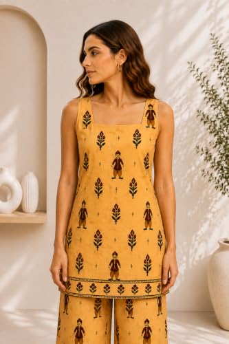 Image of JAIPUR HAND BLOCK Women's Pure Cotton Kurta Palazzo Set salwar suit| Printed Sleeveless Straight Kurta & Matching Palazzo | office Wear | festive (st156-broad)