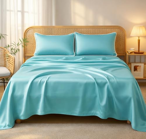 Image of VAS COLLECTIONS Satin Bedsheet King Size (108 x 108 Inches) | 300 TC Ultra Soft Silky Smooth Satin Bed Sheet with 2 Pillow Covers | Luxury Satin Bedsheets for Double Bed (Aqua Blue)